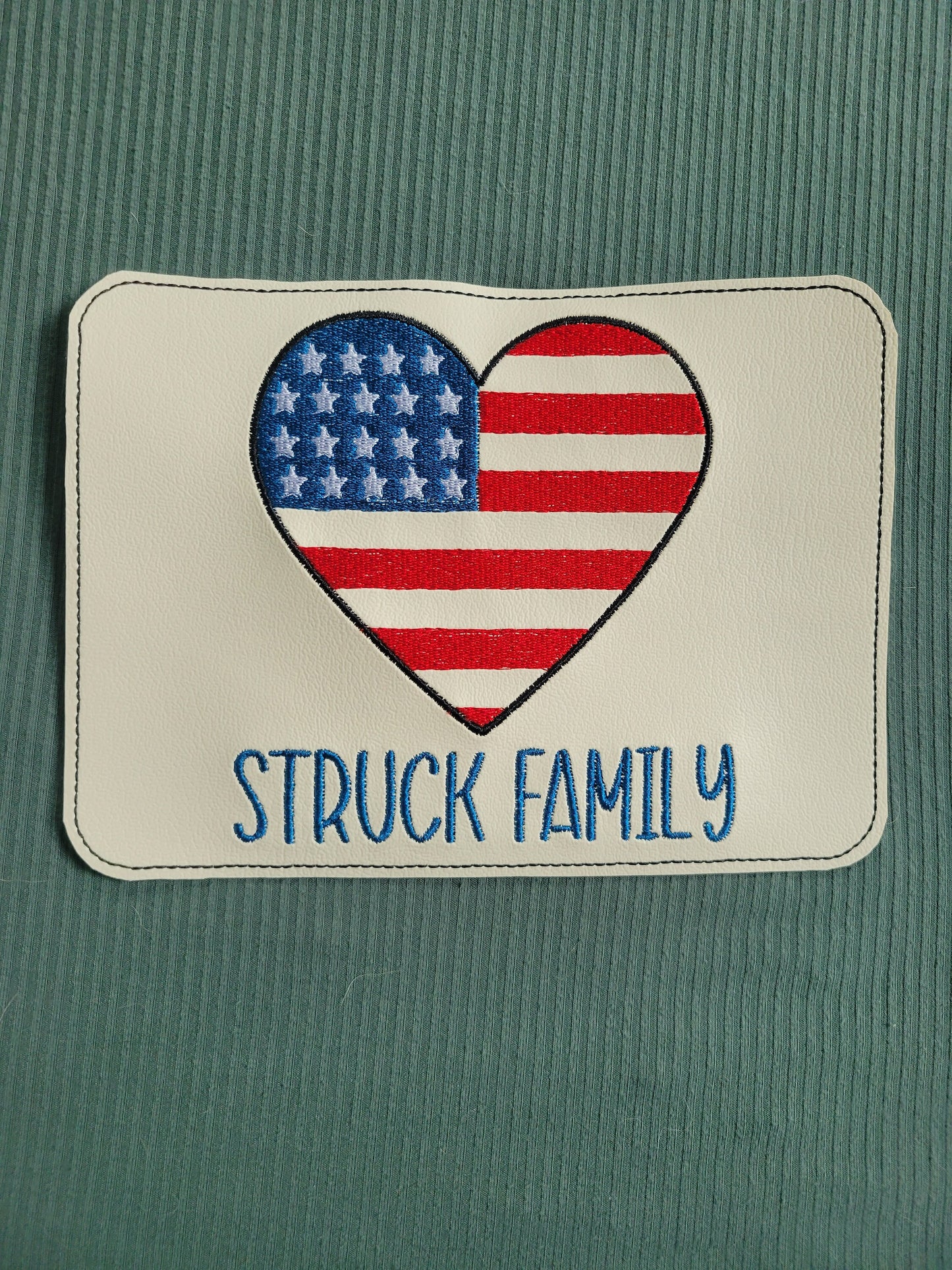 Embroidered Faux Leather Marine Vinyl Stroller Wagon Patch Heart Flag 4th of July family name Memorial day