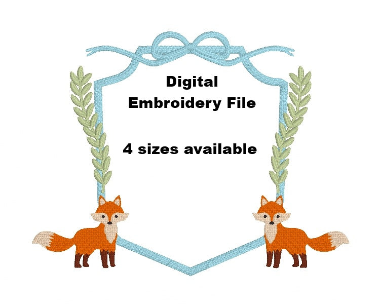 DIGITAL FILE Fox Monogram Crest Embroidery File - 4 sizes - Machine Embroidery - Digital Download