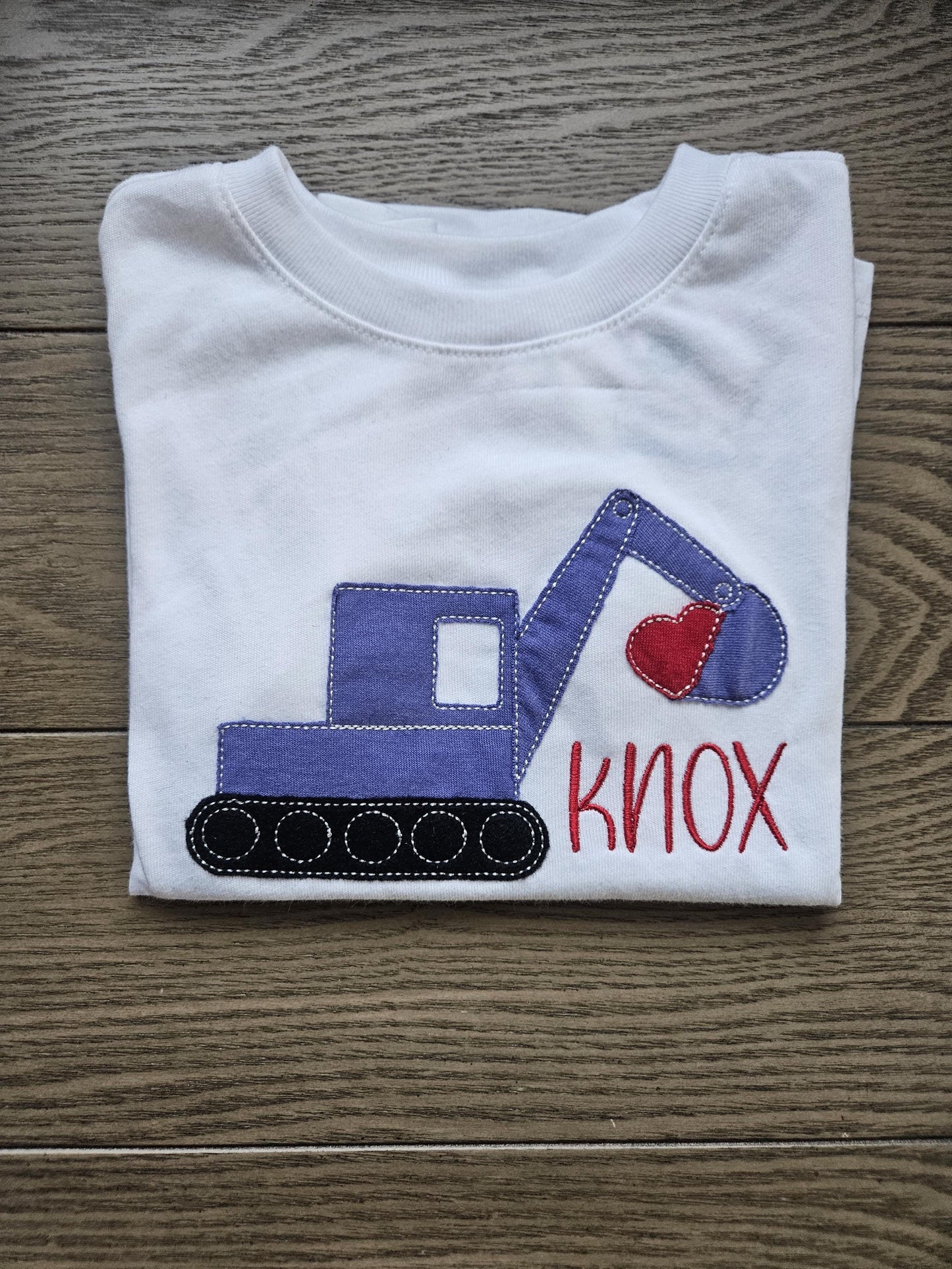 Valentines Day Excavator Digger Applique Personalized Name Embroidered TShirt
