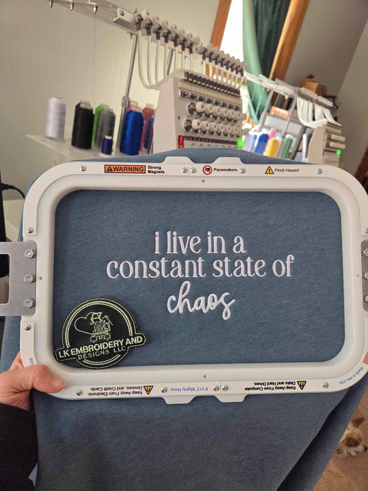 i live in a constant state of chaos Embroidered Crewneck Sweatshirt