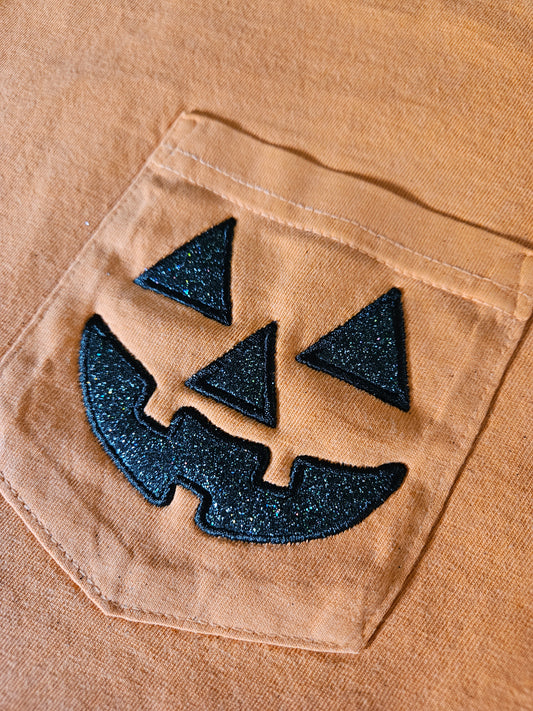 Glitter Jack O' Lantern Pocket Tee Embroidered TShirt - Comfort Colors