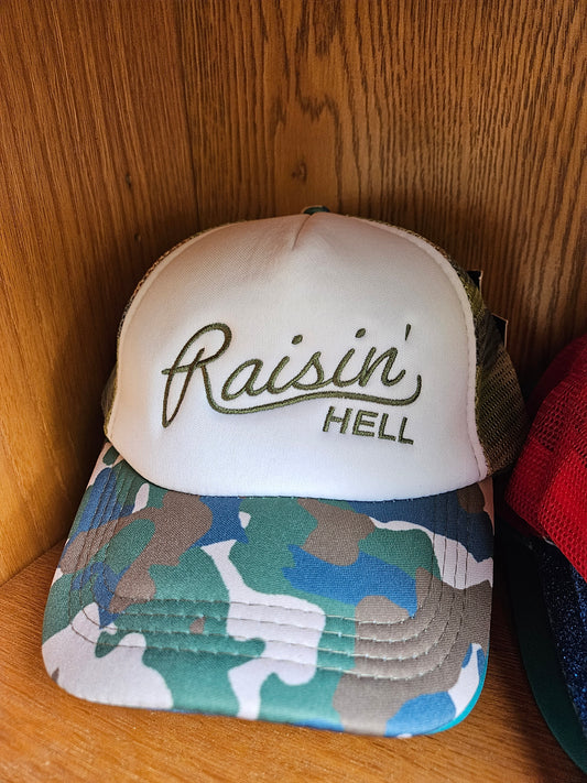Raisin’ Hell Trucker Hat – Embroidered Funny Hat in Multiple Colors