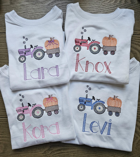 Tractor Pumpkin Personalized  Embroidered kids TShirt