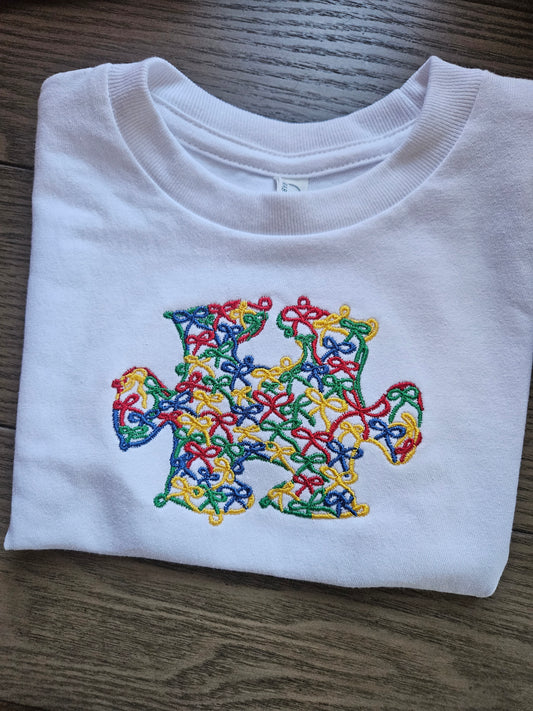Autism Awareness Puzzle Bow Embroidered TShirt