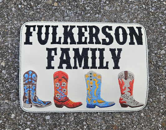 Embroidered Faux Leather Marine Vinyl Stroller Wagon Patch Last Name cowboy boots