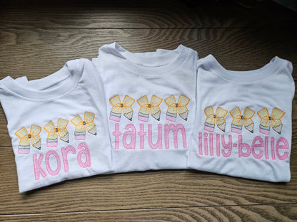 Pencil Bow Back to School Personalized  Embroidered TShirt