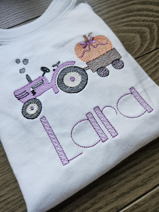 Tractor Pumpkin Personalized  Embroidered kids TShirt