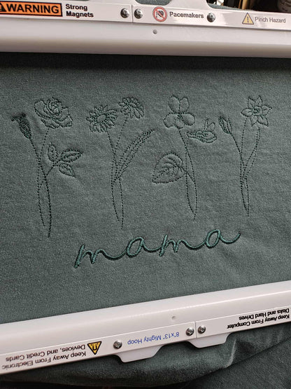 Custom Birth Flowers Shirt - Personalized Mama, Grandma, Gigi, Aunti Gift - Hand-drawn floral Embroidery Tee - Comfort Colors Title Shirt