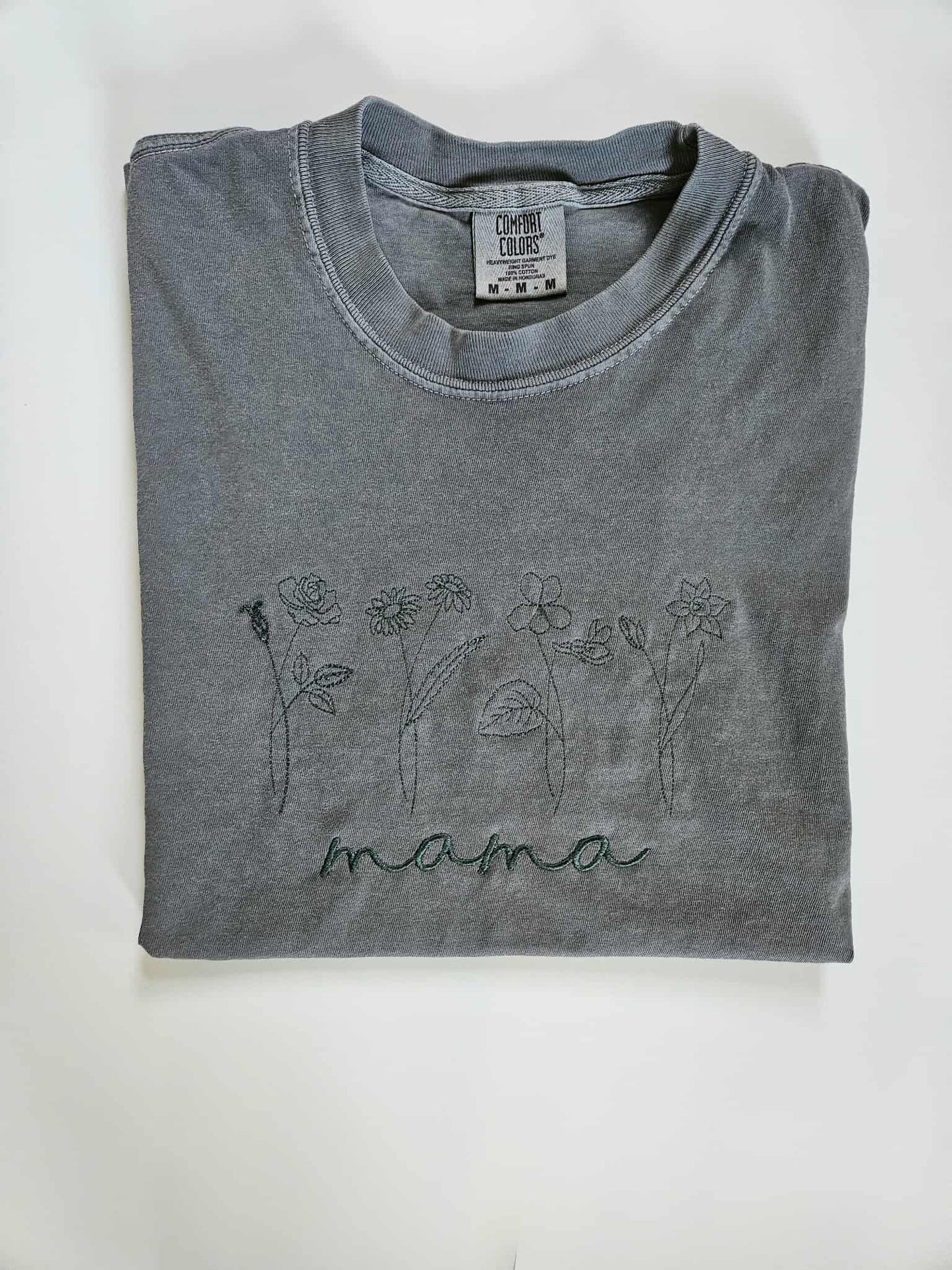 Custom Birth Flowers Shirt - Personalized Mama, Grandma, Gigi, Aunti Gift - Hand-drawn floral Embroidery Tee - Comfort Colors Title Shirt