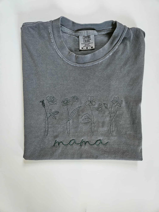 Custom Birth Flowers Shirt - Personalized Mama, Grandma, Gigi, Aunti Gift - Hand-drawn floral Embroidery Tee - Comfort Colors Title Shirt