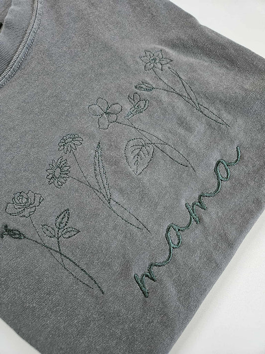 Custom Birth Flowers Shirt - Personalized Mama, Grandma, Gigi, Aunti Gift - Hand-drawn floral Embroidery Tee - Comfort Colors Title Shirt