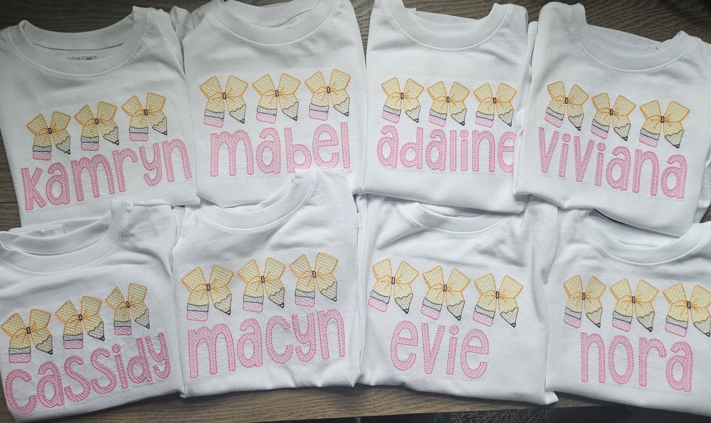 Pencil Bow Back to School Personalized  Embroidered TShirt