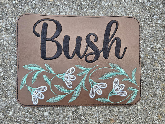 Embroidered Faux Leather Marine Vinyl Stroller Wagon Patch Snowbell Flower Floral Last Name Patch