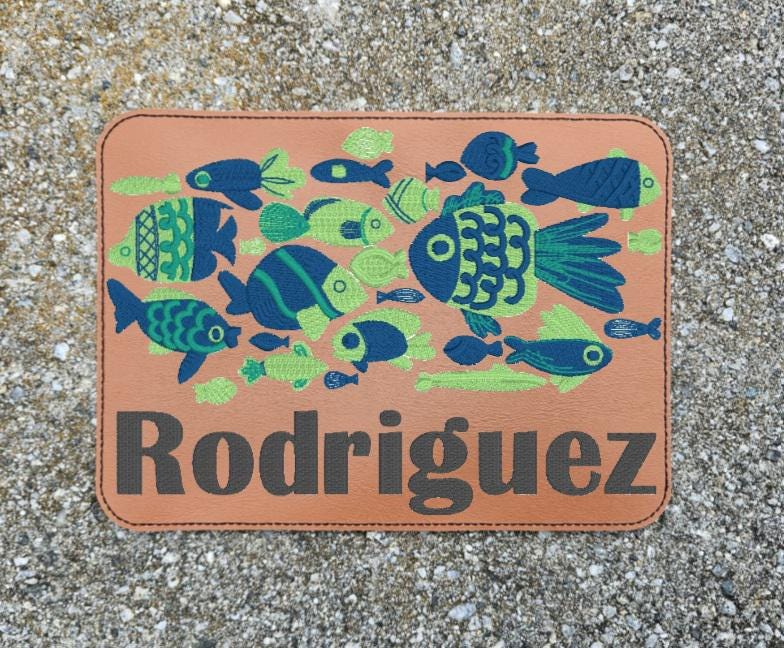Embroidered Faux Leather Marine Vinyl Stroller Wagon Patch Fish In the Sea Last Name Patch