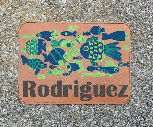 Embroidered Faux Leather Marine Vinyl Stroller Wagon Patch Fish In the Sea Last Name Patch