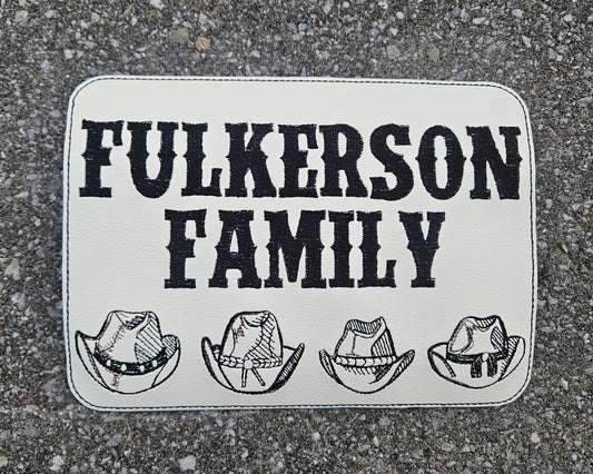 Embroidered Faux Leather Marine Vinyl Stroller Wagon Patch Last Name cowboy hats