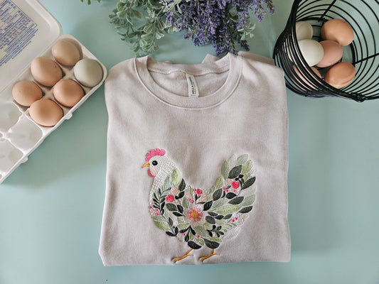 Floral Chicken Embroidered Crewneck Sweatshirt