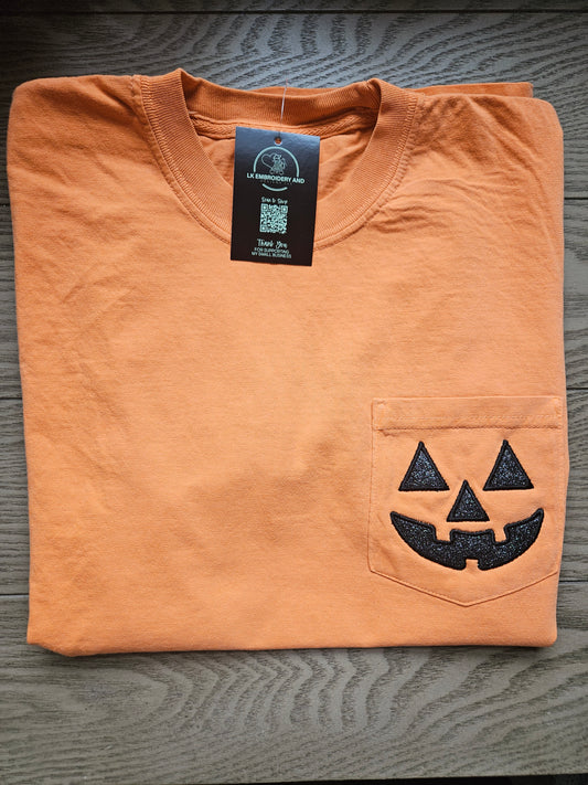 Glitter Jack O' Lantern Pocket Tee Embroidered TShirt - Comfort Colors