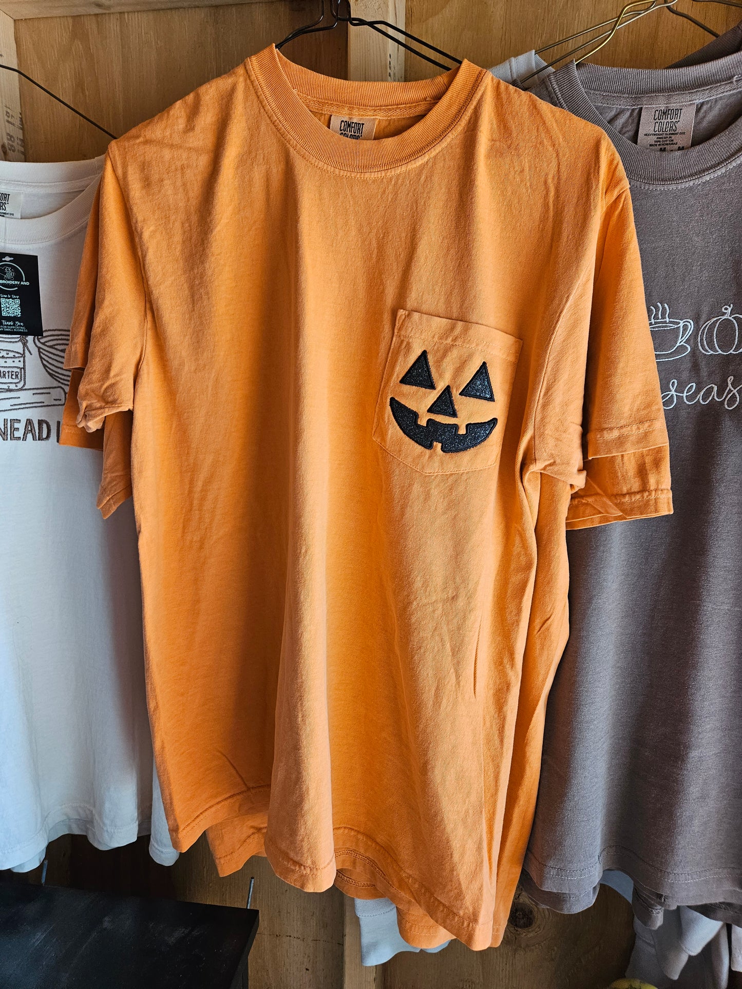 Glitter Jack O' Lantern Pocket Tee Embroidered TShirt - Comfort Colors