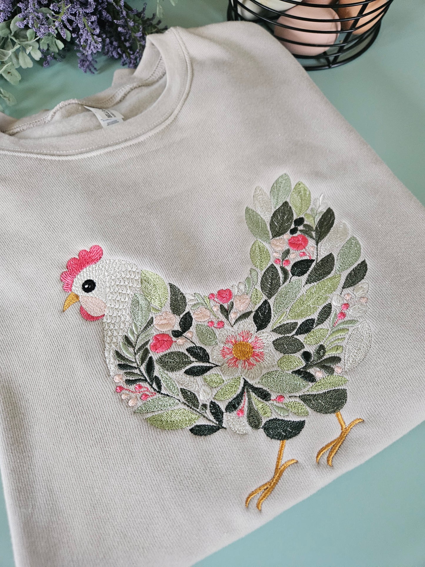 Floral Chicken Embroidered Crewneck Sweatshirt