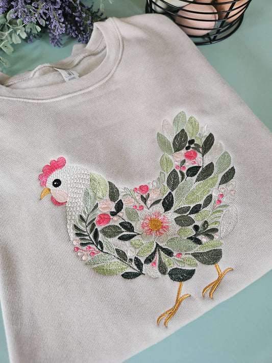 Floral Chicken Embroidered Crewneck Sweatshirt
